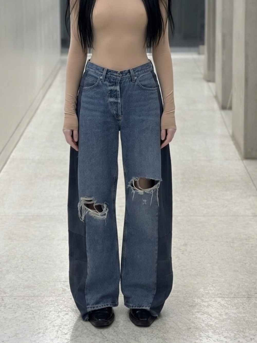 Citizens Of Humanity Two-Tone Patchwork Wide Leg Jeans - Light & Dark Blue size